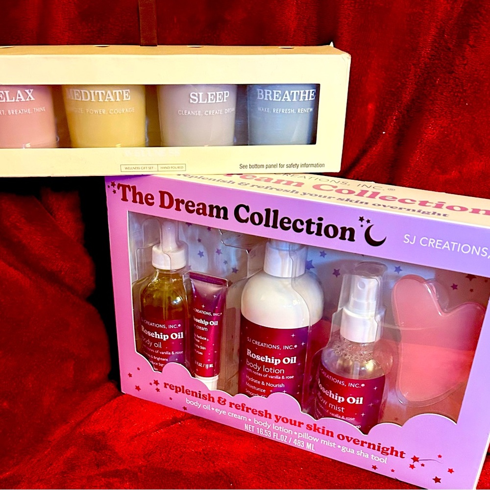 Dream Collection Rosehip Oil skin moisturizer. And Aroma Villa Scented Candles.